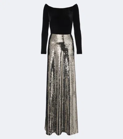 Monique Lhuillier Sequined Velvet-paneled Off-shoulder Gown In Black