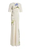 Monique Lhuillier Short Sleeve Bias Gown In Neutral