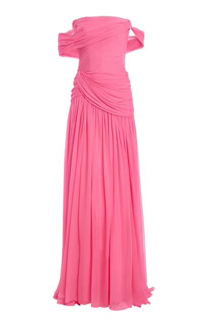 Monique Lhuillier Silk Asymmetric Off-the-shoulder Maxi Dress In Pink