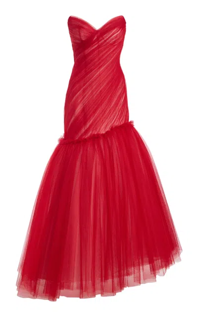 Monique Lhuillier Silk Chiffon Draped Asymmetric Dress In Red