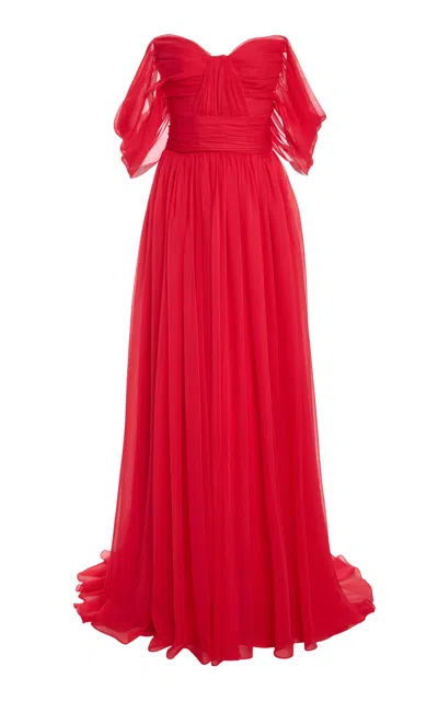 Monique Lhuillier Silk Chiffon Draped Bodice Gown With Juliet Sleeves In Red