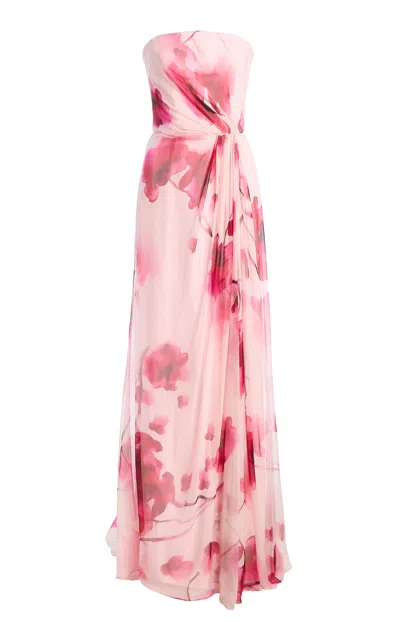 Monique Lhuillier Silk Chiffon Strapless Draped Maxi Dress In Pink