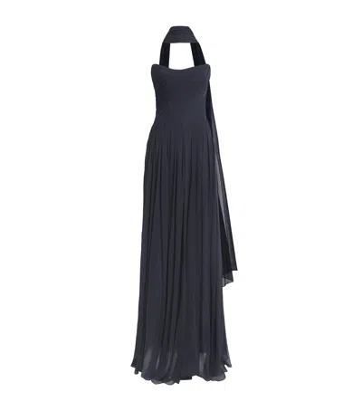Monique Lhuillier Silk Chiffon Tie-detail Gown In Blue