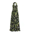 Monique Lhuillier Floral Printed Chiffon Silk Cutout Gown With Neck Scarf