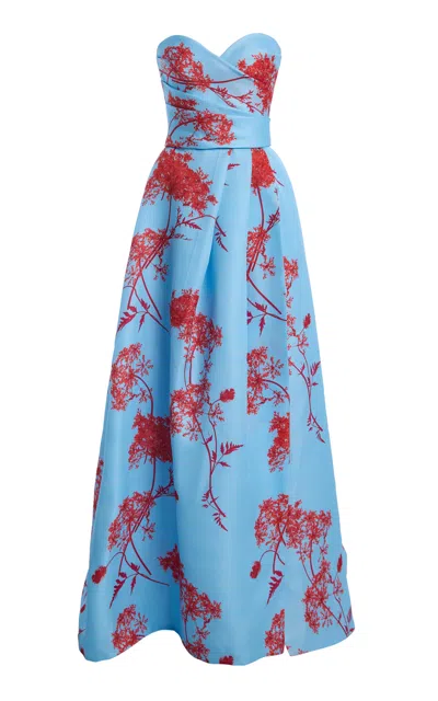 Monique Lhuillier Silk Draped Bodice Ball Gown In Blue