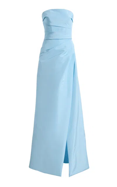 Monique Lhuillier Silk Draped Strapless Midi Dress In Blue