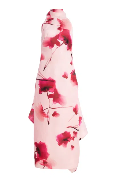 Monique Lhuillier Silk Halter Neck Draped Midi Dress With Train In Pink