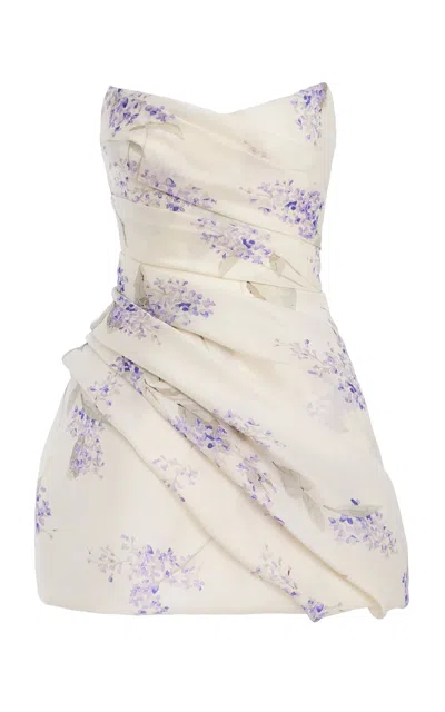 Monique Lhuillier Silk Strapless Draped Mini Dress In Neutral