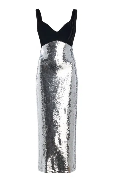 Monique Lhuillier Silk-blend Color-block Sleeveless Cocktail Dress In Silver