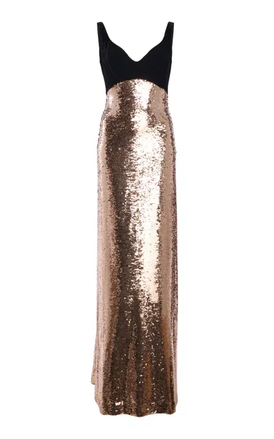 Monique Lhuillier Silk-blend Color-block Sleeveless Maxi Dress In Gold