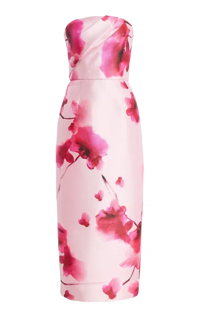 Monique Lhuillier Silk-blend Draped Bodice Midi Dress In Pink