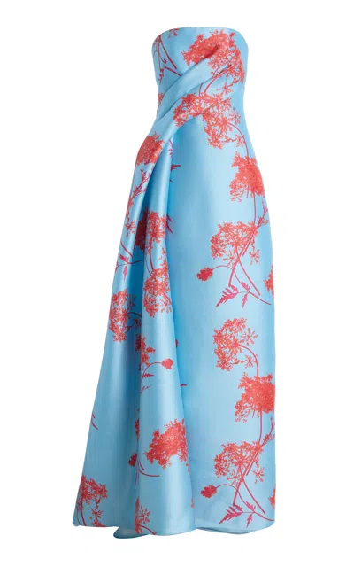 Monique Lhuillier Silk-blend Draped Column Midi Dress With Train In Blue