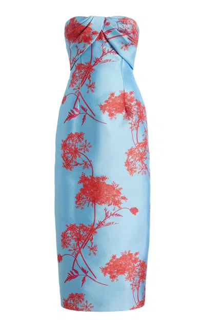 Monique Lhuillier Silk-blend Draped Column Midi Dress With Train In Blue