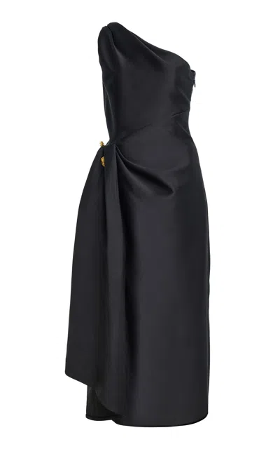 Monique Lhuillier Silk-blend One-shoulder Midi Dress In Black