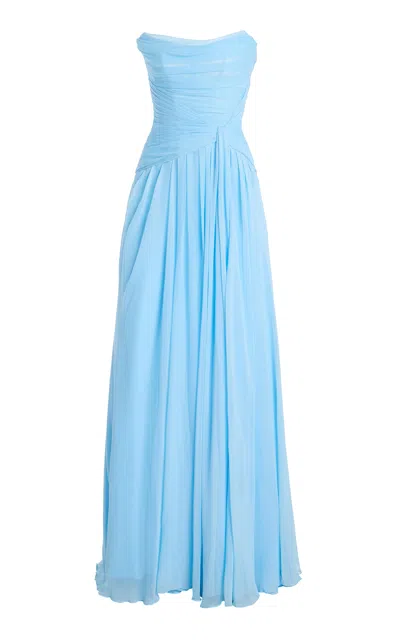 Monique Lhuillier Silk-chiffon Strapless Draped Bodice Dress In Blue