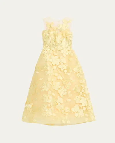 Monique Lhuillier Sleeveless Floral Tulle Illusion Tea-length Dress In Yellow