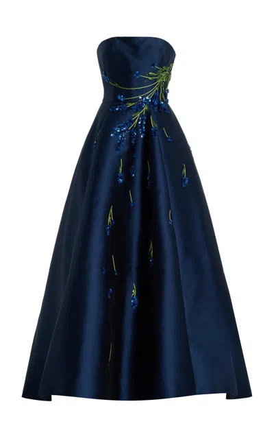 Monique Lhuillier Specialorder-embroidered Mikado Silk Ball Gown In Blue