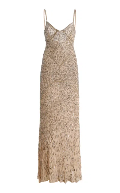 Monique Lhuillier Stardust Embroidered Silk-chiffon Sheath Gown In Neutral