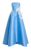 Monique Lhuillier Strapless Ball Gown With Floating Tulip Embroidery In Blue