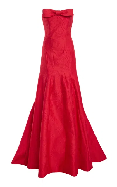 Monique Lhuillier Strapless Bow Jacquard Gown In Red