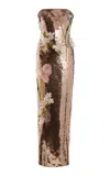 Monique Lhuillier Strapless Column Gown With Floral Embroidery In Brown