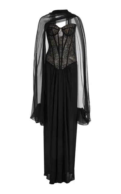 Monique Lhuillier Strapless Corseted Bodice Gown With Chiffon Shawl In Black