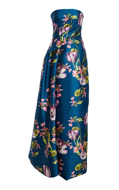 Monique Lhuillier Strapless Draped Bodice Maxi Dress With Side Train In Multi