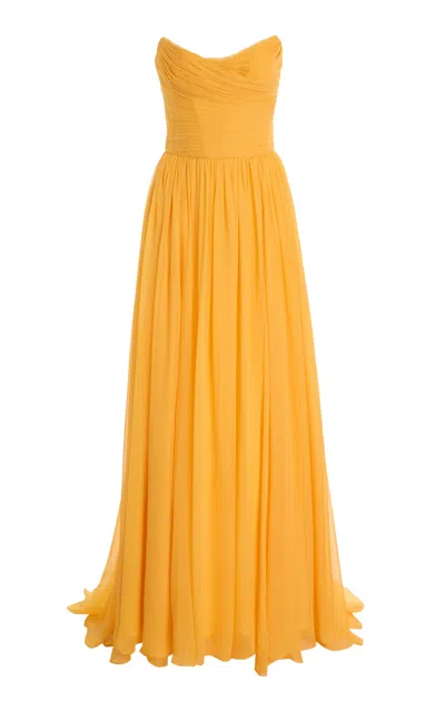 Monique Lhuillier Strapless Draped Bodice Silk Gown
