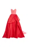 Monique Lhuillier Strapless Draped Bodice Silk Gown With Tufted Skirt In Red