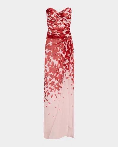 Monique Lhuillier Strapless Draped Chiffon Slit Gown In Multi