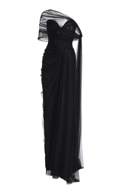 Monique Lhuillier Strapless Draped Gown With Detachable Wrap In Black