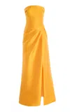 Monique Lhuillier Strapless Draped Gown With Slit In Yellow