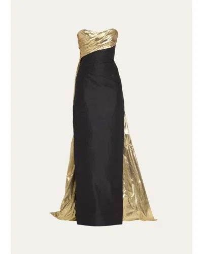 Monique Lhuillier Strapless Draped Metallic Lame Train Gown In Black