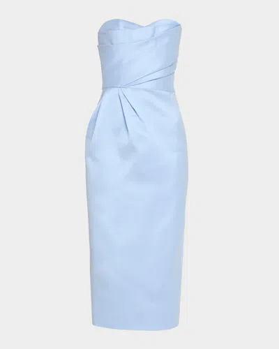 Monique Lhuillier Strapless Draped Mikado Piqué Midi Cocktail Dress In Blue