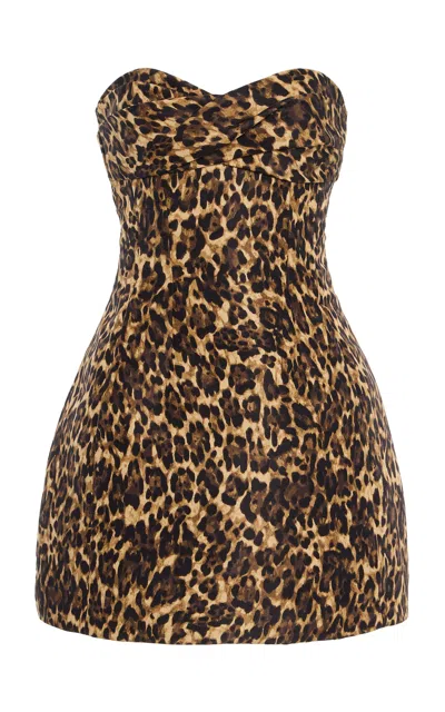 Monique Lhuillier Strapless Draped Neckline Scultped Mini Silk Dress In Animal Print