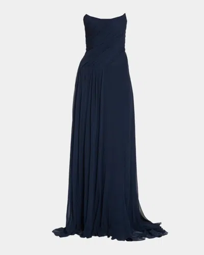 Monique Lhuillier Strapless Draped Silk Chiffon A-line Gown In Navy