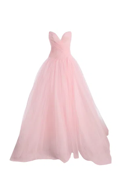 Monique Lhuillier Strapless Draped Tulle Ball Gown In Pink