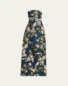 Monique Lhuillier Strapless Draped Wisteria Printed Gazar Gown In Blue