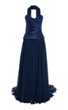 Monique Lhuillier Strapless Dropped Waist Corset Gown With Shawl In Blue