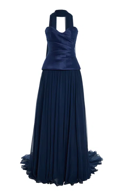 Monique Lhuillier Strapless Dropped Waist Corset Gown With Shawl In Blue