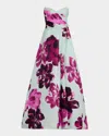 Monique Lhuillier Strapless Electric Floral Print Gazar Silk Gown In Green