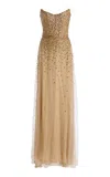 Monique Lhuillier Strapless Embroidered Gown In Gold
