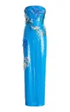 Monique Lhuillier Strapless Embroidered Sequin Gown In Blue