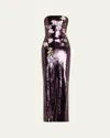 Monique Lhuillier Strapless Floral-embroidered Sequin Column Gown In Burgundy
