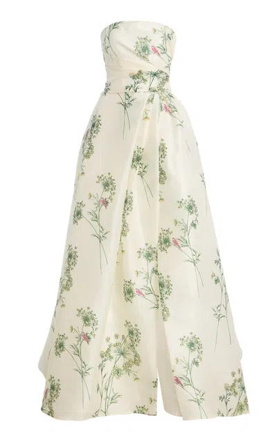 Monique Lhuillier Strapless Floral Gazar Gown In White
