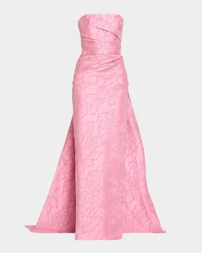 Monique Lhuillier Strapless Floral Jacquard Column Gown With Train In Pink