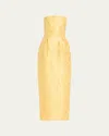 Monique Lhuillier Strapless Floral Jacquard Pleated Ankle Dress In Lemon Drop