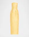 Monique Lhuillier Strapless Floral Jacquard Pleated Ankle Dress In Lemon Drop