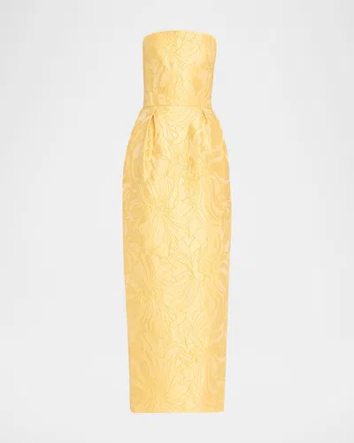 Monique Lhuillier Strapless Floral Jacquard Pleated Ankle Dress In Lemon Drop