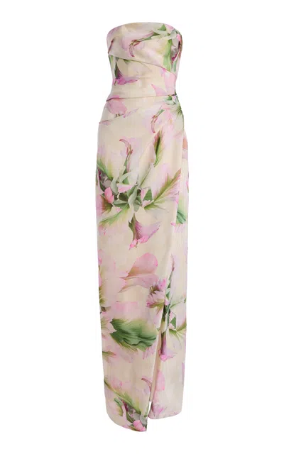 Monique Lhuillier Strapless Gown With Silk Slit In Neutral